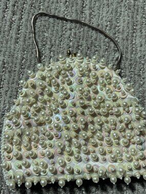 Vintage White Mini Beaded Bag Perfect For Bridal Events Pearlescent-Silver Strap